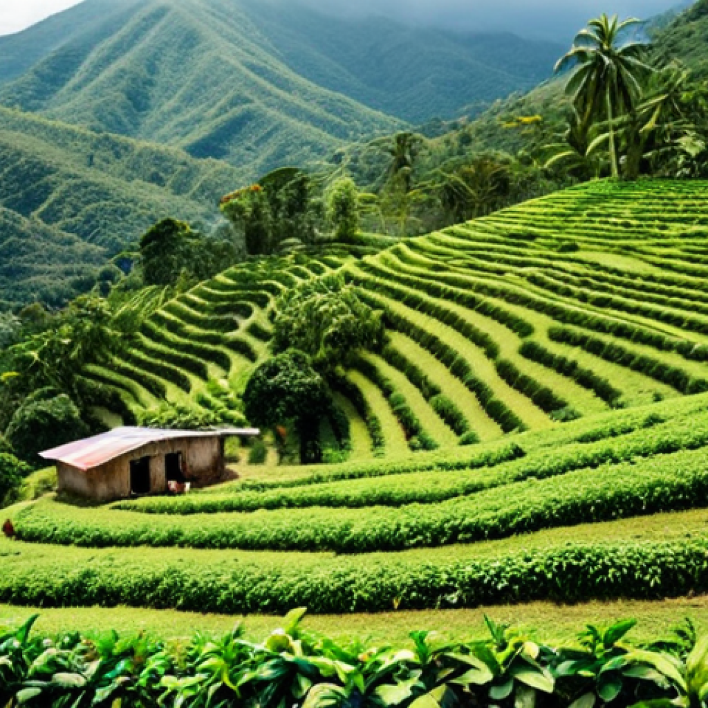 **

"A vibrant, sustainable organic coffee farm in the Haitian mountains. Focus on the lush green landscape, traditional farming methods, and happy, hard-working farmers. Capture the essence of quality and export potential. Bright, natural lighting."

**