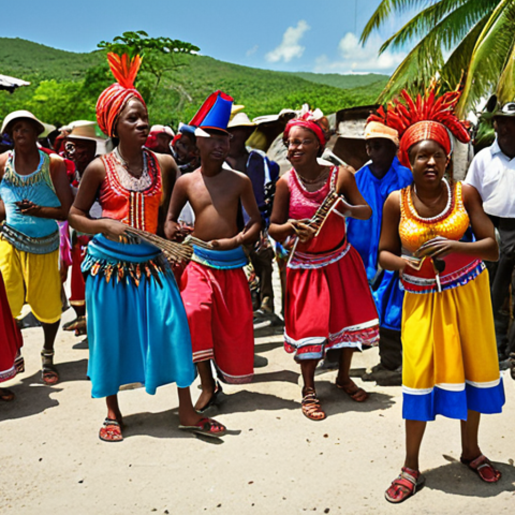 **Haitian music scene:** A vibrant scene depicting a "rasin" music performance in Haiti, featuring musicians playing traditional instruments and dancers in colorful clothing.