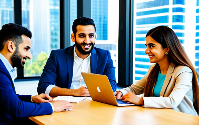 A diverse group of young Arab professionals, both men and women, in their late 20s to early 30s, collaborating energetically in a modern, sunlit tech startup office within a vibrant city in the MENA region. They are fully clothed in modest, professional business casual attire. One woman actively presents ideas on a large interactive digital screen, while others engage in lively discussion around a sleek conference table with open laptops. The background features blurred glimpses of contemporary, high-rise buildings, symbolizing regional growth and innovation. Perfect anatomy, correct proportions, natural poses, well-formed hands, proper finger count. Professional photography, high detail, sharp focus, vibrant colors, safe for work, appropriate content, family-friendly.