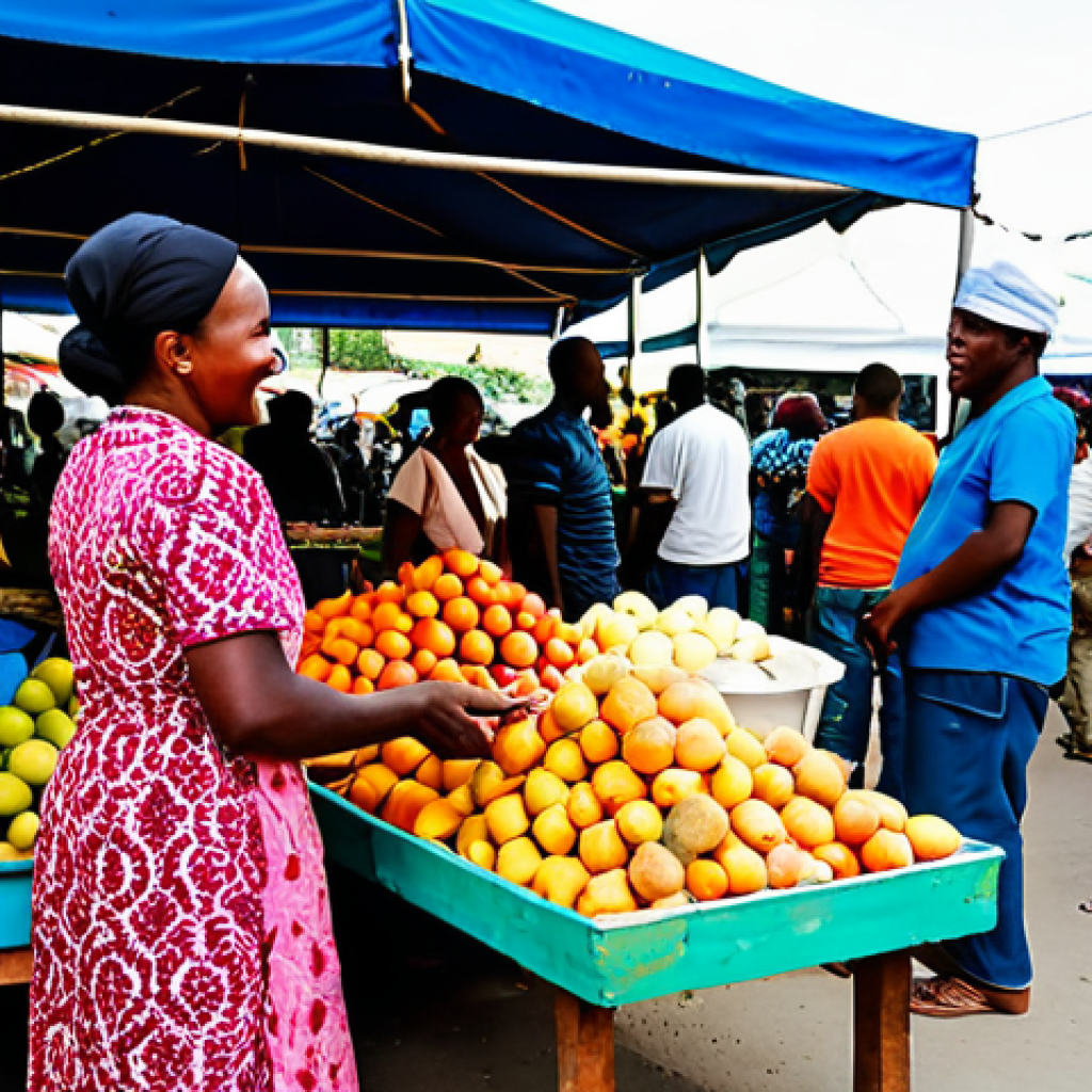 A bustling outdoor market scene in Haiti, filled with diverse local people. Vendors in modest, colorful traditional clothing are interacting with customers, smiling warmly. Stalls overflow with vibrant textiles, fresh tropical fruits like ripe mangoes, and aromatic spices. The air is lively with activity, bathed in warm, natural daylight. The image captures the energetic atmosphere and rich cultural essence. fully clothed, appropriate attire, professional dress, safe for work, appropriate content, perfect anatomy, correct proportions, natural pose, well-formed hands, proper finger count, natural body proportions, professional photography, high quality, family-friendly.