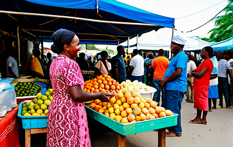 A bustling outdoor market scene in Haiti, filled with diverse local people. Vendors in modest, colorful traditional clothing are interacting with customers, smiling warmly. Stalls overflow with vibrant textiles, fresh tropical fruits like ripe mangoes, and aromatic spices. The air is lively with activity, bathed in warm, natural daylight. The image captures the energetic atmosphere and rich cultural essence. fully clothed, appropriate attire, professional dress, safe for work, appropriate content, perfect anatomy, correct proportions, natural pose, well-formed hands, proper finger count, natural body proportions, professional photography, high quality, family-friendly.