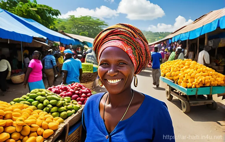 아이티 여행 중 유용한 프랑스어 크레올어 표현 - Prompt 1: Vibrant Haitian Market Interaction**