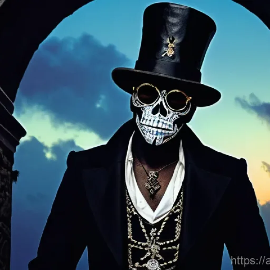 아이티 전통 신화와 민속 이야기 - **Baron Samedi, Guardian of the Crossroads**
"Baron Samedi, the iconic Haitian Vodou Lwa, standi...