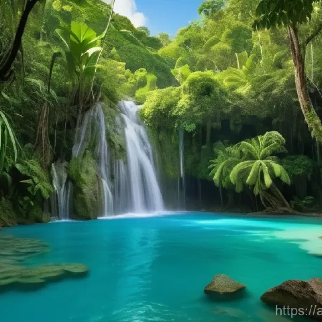 아이티의 숨겨진 자연 명소 - **Haitian Turquoise Waterfalls and Lush Rainforest**
"A breathtaking, vibrant scene depicting mu...