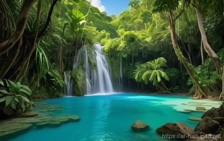 아이티의 숨겨진 자연 명소 - **Haitian Turquoise Waterfalls and Lush Rainforest**
"A breathtaking, vibrant scene depicting mu...