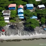 Home 16 아이티의 자연재해 대응 시스템과 개선점 - **Prompt:** A vibrant and dynamic overhead shot of a Haitian coastal community actively rebuilding a...