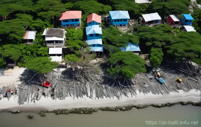 아이티의 자연재해 대응 시스템과 개선점 - **Prompt:** A vibrant and dynamic overhead shot of a Haitian coastal community actively rebuilding a...